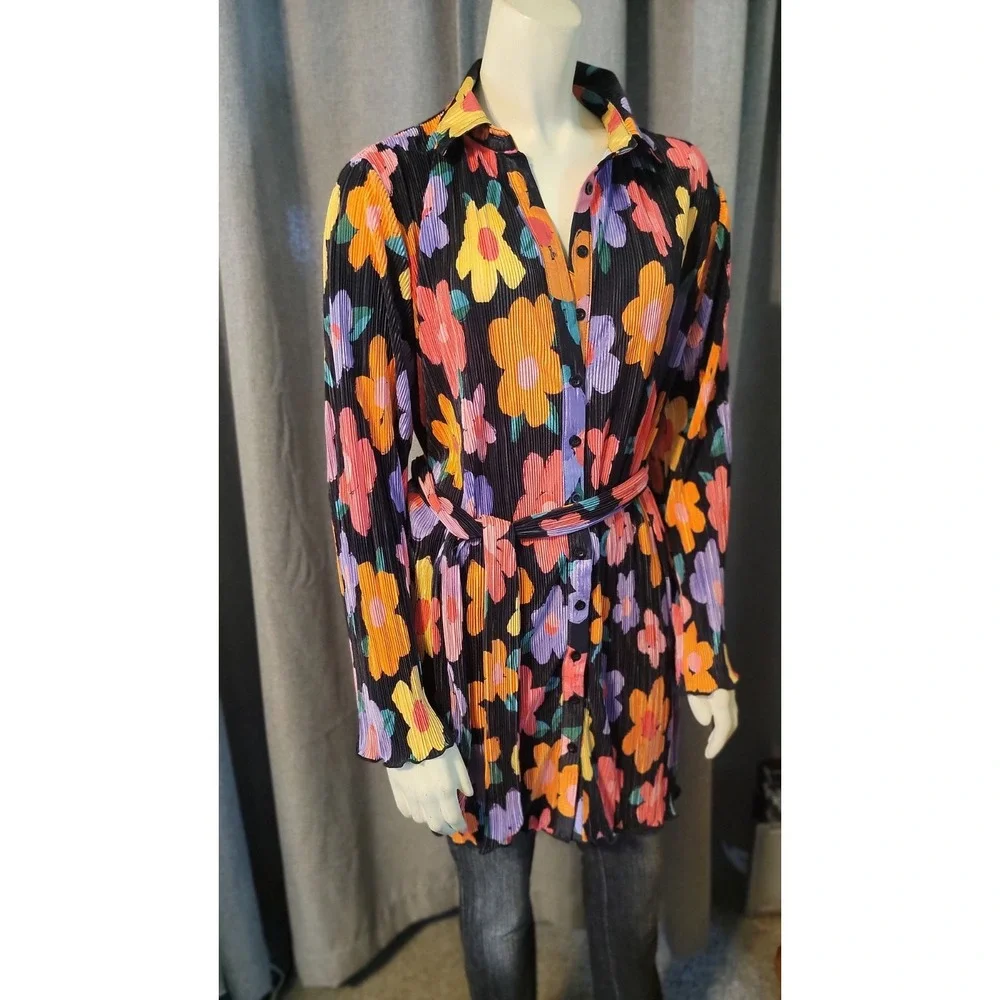Peppermayo‎ Flower Power Colorful Bell Sleeve Blouse Crunch Pleat Sz 4 Hippie